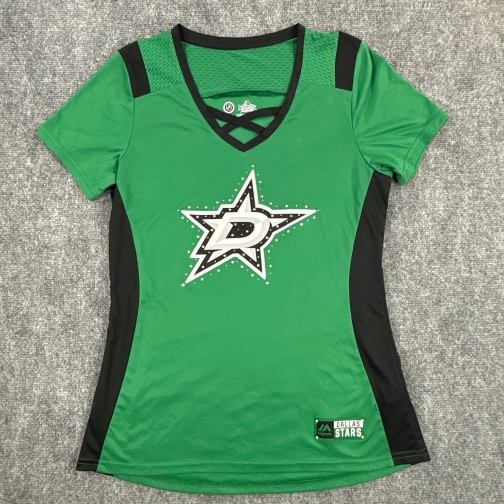Majestic Dallas V-Neck Stars Shirt Womens L Green Rhinestone Bling NHL Hockey